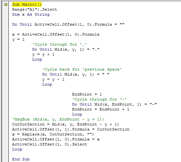 This is the VBA script that I wrote to extract the amount and balance of the account from the text sting. 